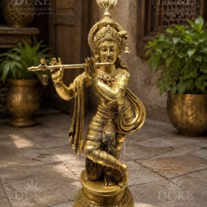 Divine Brass Krishna Idol – 36 Inches of Eternal Grace 3 feet Lord Krishna Statue -Symbol of Love and Wisdom