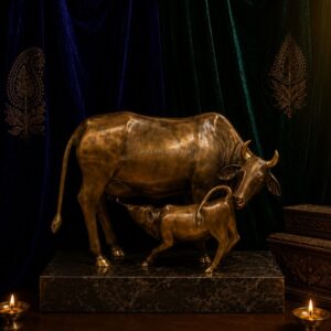 Premium Solid Brass Cow Calf Statue – Handcrafted Kamdhenu Cow Idol for Home Temple & Spiritual Décor