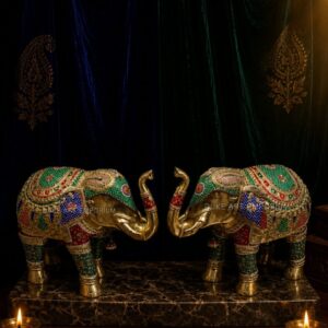 Royal Brass Elephant Pair Statue – Premium Brass Decorative Showpiece for Entrance & Vastu Décor