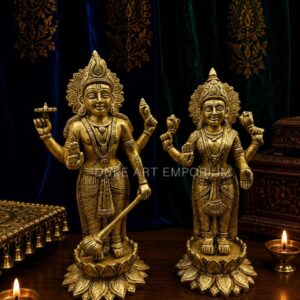 Pure Brass Vishnu Lakshmi Idol – 13 Inch Antique Finish, Heavy 7.5 Kg, Premium Brass Lord Vishnu & Goddess Lakshmi Statue for Home Temple, Office & Spiritual Décor
