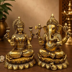 Pure Brass Lakshmi Ganesh Idol Lakshmi Ganpati laxmiganesh lakshamiganesh – 13 Inch Antique Finish, Heavy 13.8 Kg, Premium Brass Goddess Lakshmi & Lord Ganesha Statue for Home Temple, Office & Spiritual Décor