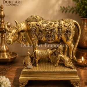 17 Inch Brass Cow with Calf Statue | Handmade Kamdhenu Cow & Calf Idol | 26 Kg Decorative Sculpture for Home, Temple & Vastu